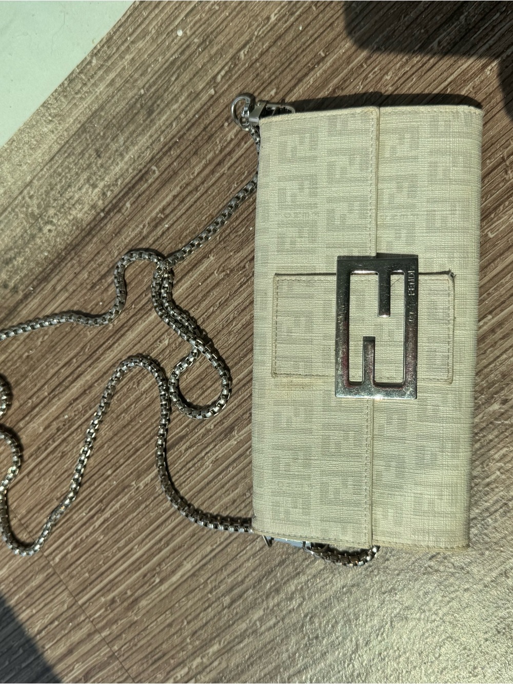 Fendi Light Gray Textured Clutch with Chain Strap